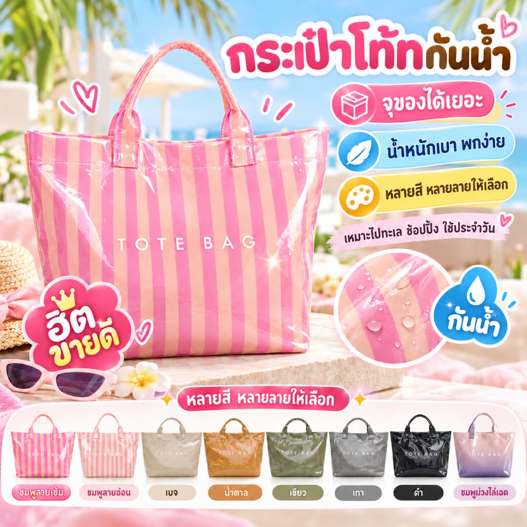 กระเป๋าโท้ทอเนกประสงค์ ผิวเคลือบกันน้ํา ใช้ไปทํางาน ช้อปปิ้ง ไปทะเล ไปยิม ได้ทุกที่ น้ําหนักเบา ถือสบาย