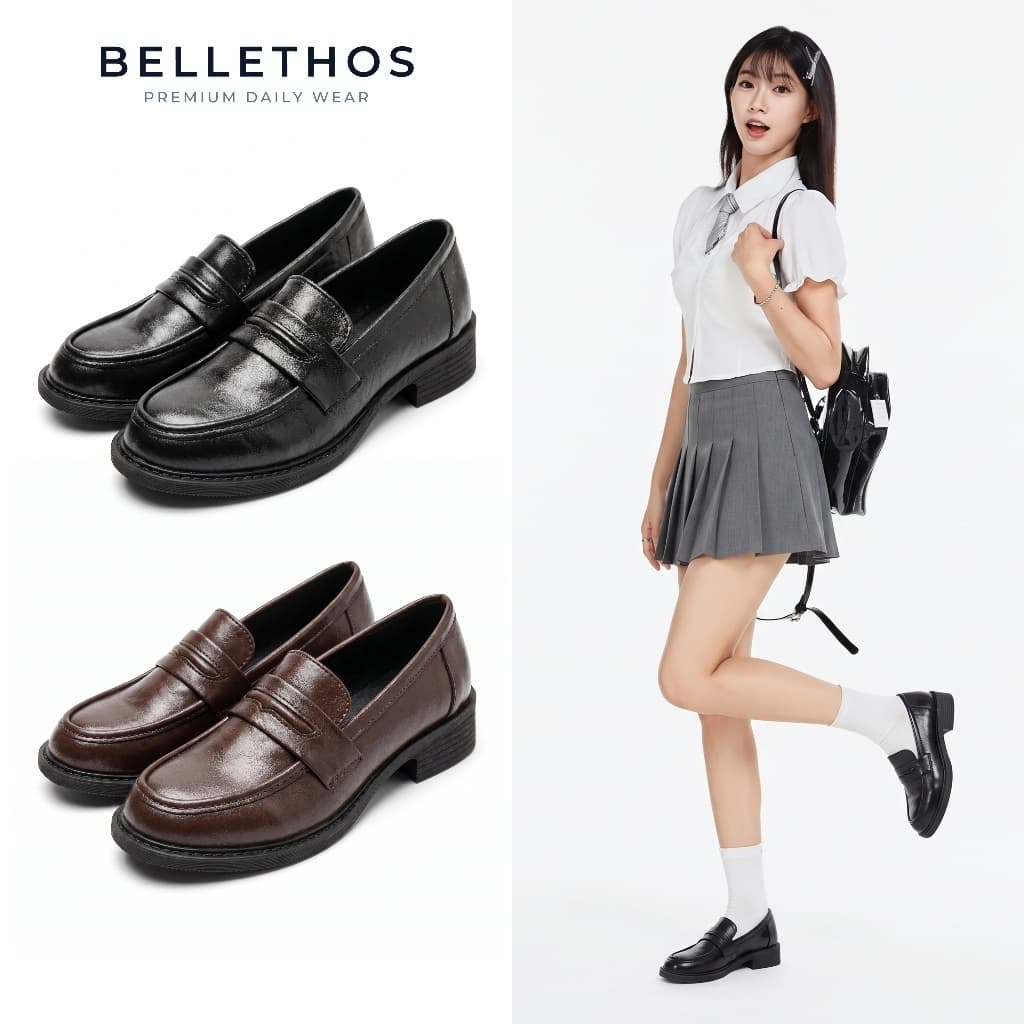 BELLETHOS รองเท้าโลฟเฟอร์หนังสีดําทรงคลาสสิก พื้นส้นหนากําลังดี หนังสัมผัสนุ่ม เดินสบาย ดํา นํ้าตาล…