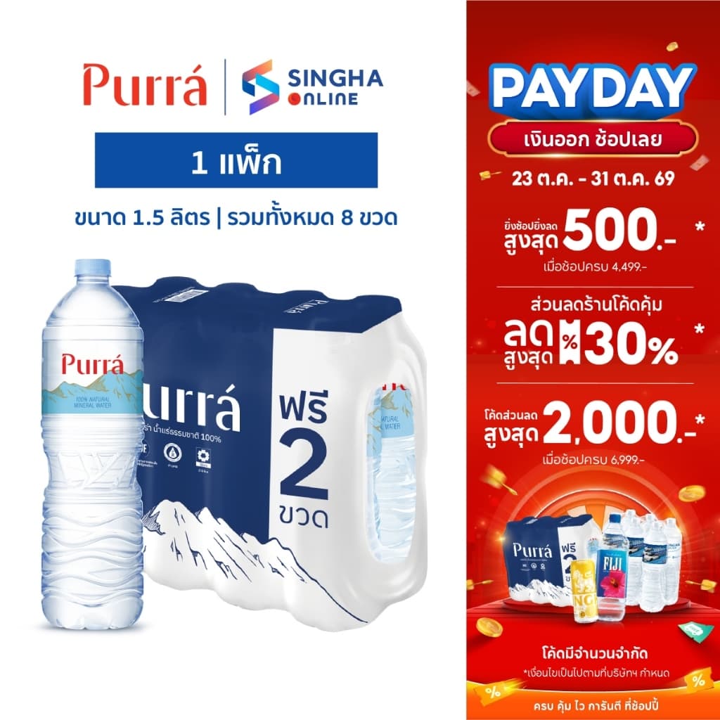 Purra Natural Mineral Water น้ําแร่เพอร์ร่า 1.5 ลิตร 8 ขวด
