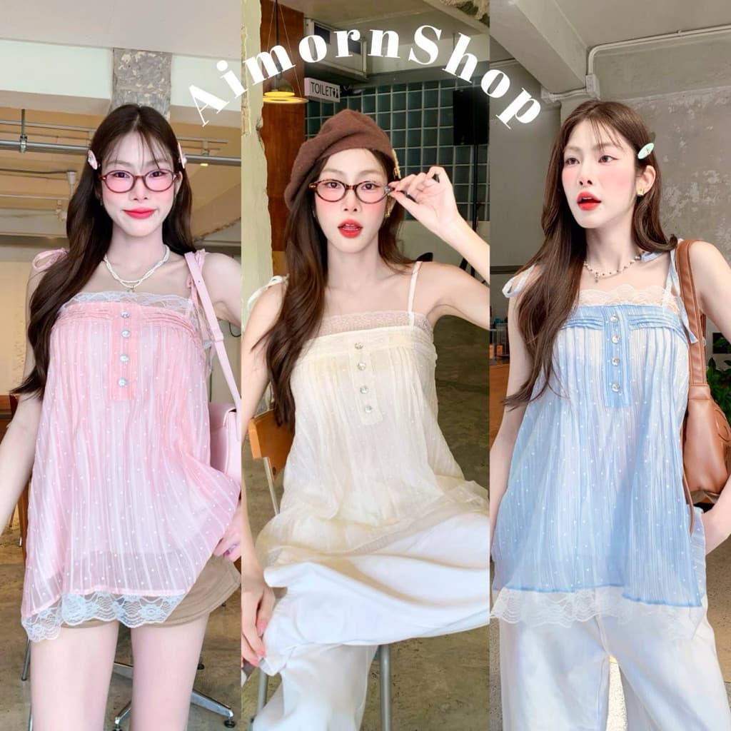 aimorn_shop มินิเดรส สายเดี่ยวผูกไหล่ เดินขอบลูกไม้น่ารักมาก ผ้าใส่สบายสุดๆ