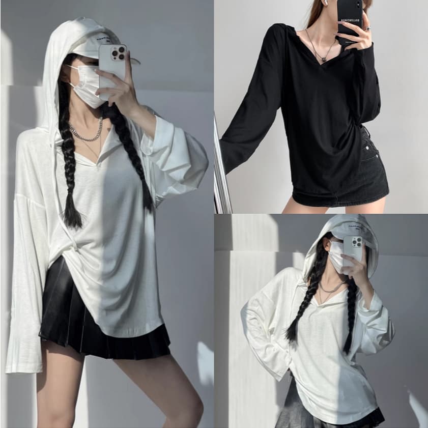 Beryl เสื้อยืดแขนยาวมีฮู้ดสไตล์ขี้เกียจสําหรับผู้หญิง เสื้อหลวมและหลากหลาย สไตล์เกาหลี