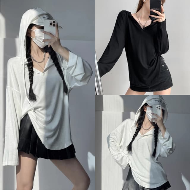Beryl เสื้อยืดแขนยาวมีฮู้ดสไตล์ขี้เกียจสําหรับผู้หญิง เสื้อหลวมและหลากหลาย สไตล์เกาหลี