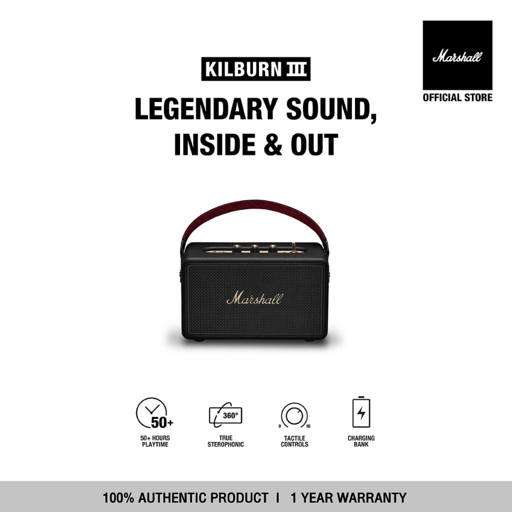 MARSHALL Kilburn III BLACK AND BRASS - รับประกัน 1 ปี + ส่งฟรี - ลําโพงบลูทูธ ลําโพงพกพา