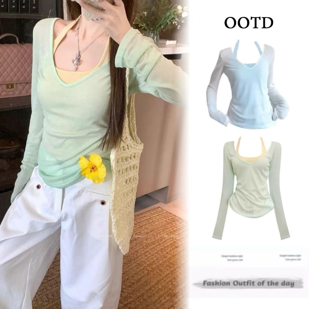 เสื้อยืดแขนยาวกันแดดสไตล์เกาหลีแบบสีตัดกันอ่อนๆ สําหรับผู้หญิง ชุดสองชิ้นสําหรับฤดูร้อน