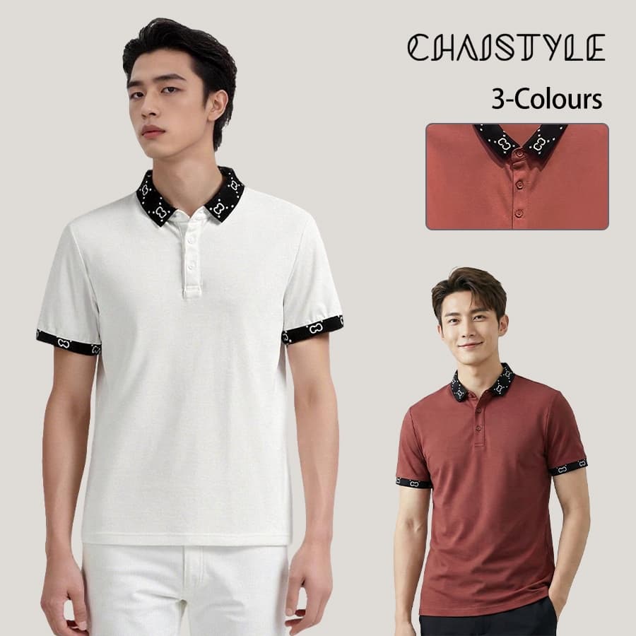 Chaistyle เสื้อPoloคอลเลา เสื้อผ้าผู้ชาย สีขาว/ดํา /สีแดง ครอปท็อกมีลายลวดลาย ครอปท็อกสวยงาม ผ้าระบายอากาศ…