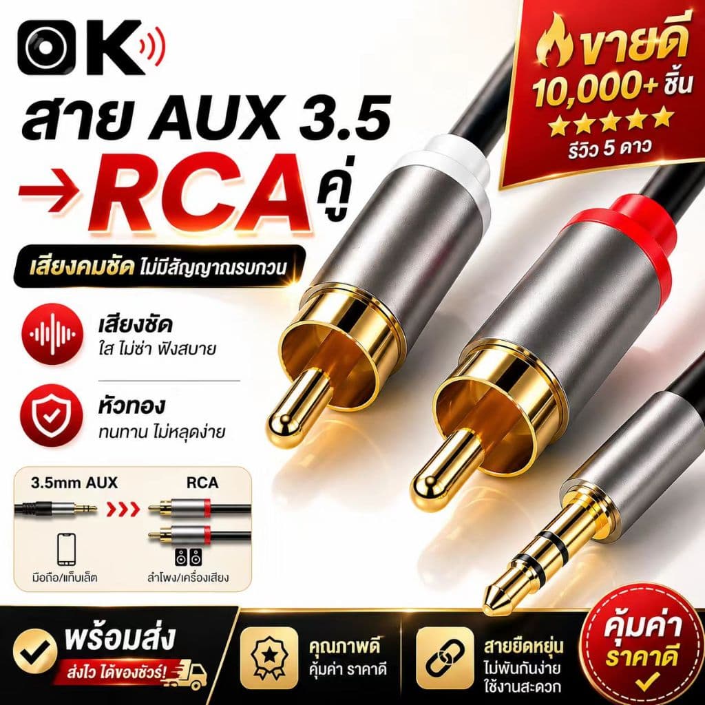RCA แจ็ค สาย AUX 3.5 มม. เป็น 2RCA สายเคเบิลแยกเสียง ตัวผู้ เป็น 2RCA สําหรับ PC TV Host คอมพิวเตอร์ DVD…