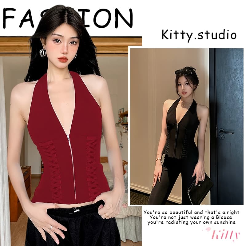 Kitty พร้อมส่ง เสื้อครอปท็อปคอวีแขนไม่มีไฮเน็ก ซิปหน้าได้ สายคอผูกหลังดีไซน์ลูกไม้ รัดเอวสวยๆ สีแดงดําสุดฮิต…