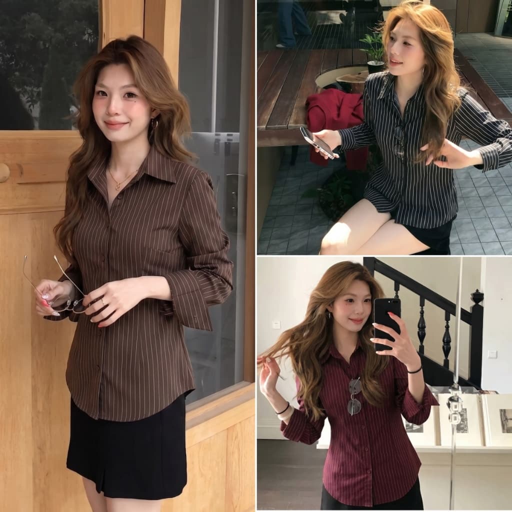 cherryshop พร้อมส่ง เสื้อเชิ้ตแขนยาวลายทางสําหรับผู้หญิงแบบสง่างามและมีสไตล์ มีปกและกระดุมหลังเอวยางยืด ทรงสวย