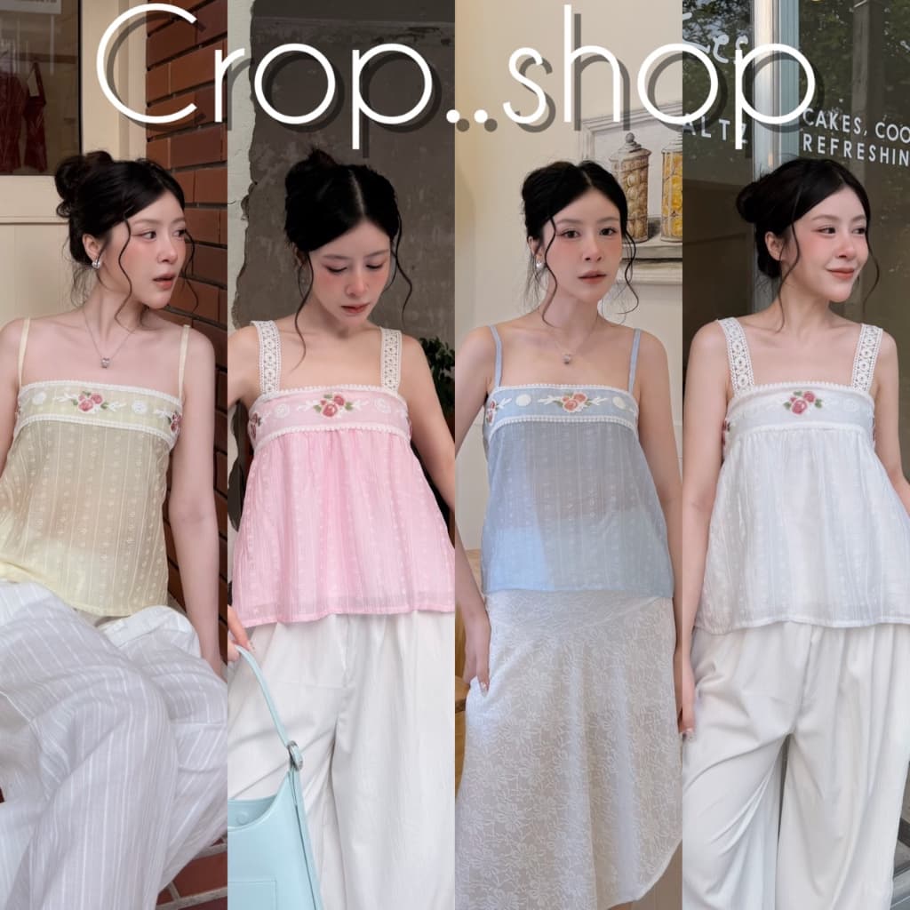 crop..shop เสื้องานสวย น่ารัก ลายดอกไม้ สายมี2เเบบ ปล่อยชายพริ้ว งานลงตัวมาก ดูดีสุดๆ