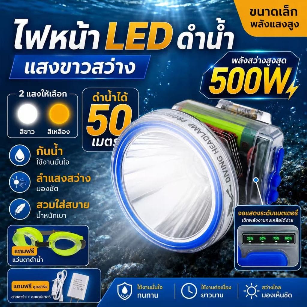 ไฟฉายเดินป่า ไฟฉายคาดหัว LED ดําน้ําลึก 50 เมตร กู้ภัย ก่อสร้าง หม้อแบต ส่องกบ หัวไฟชาร์จแบตได้