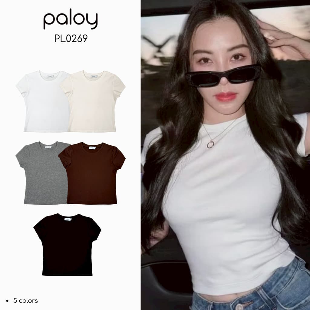 Paloy - PL0269 เสื้อครอปแขนสั้น สีพื้น ผ้านุ่มยืด