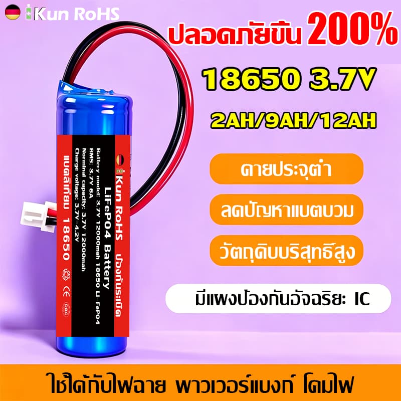 💥ปลอดภัยขึ้น 200%💥 แบตเตอรี่ 18650 3.7V 6000mah พร้อมแผ่นป้องกัน สายไฟหัวโมเลค2พิน ถ่านชาร์จ โซล่าเซลล์…