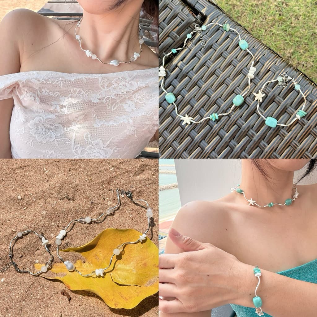 (เติมสีใหม่)สร้อยลูกปัดแฮนด์เมด สําหรับใส่ไปคาเฟ่ เที่ยวเขา ไปทะเล