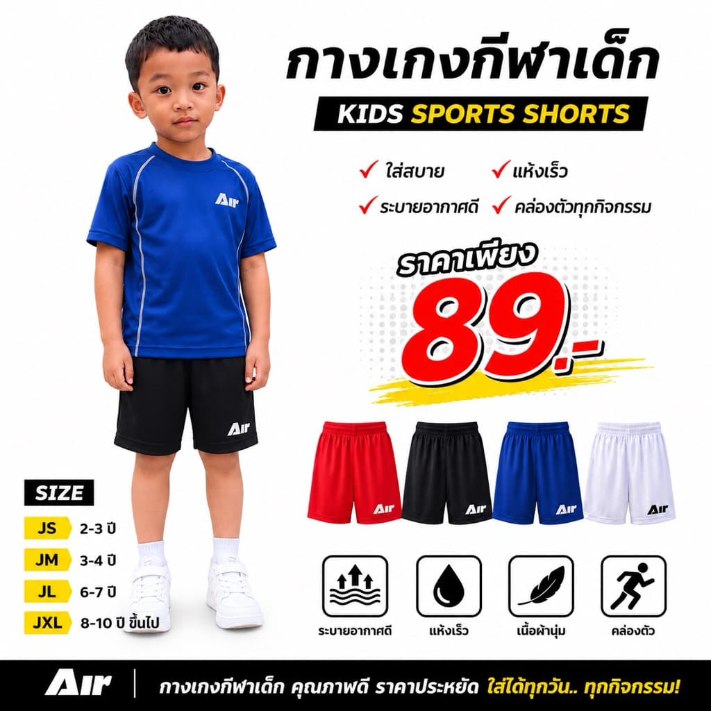 AIR กางเกงกีฬาสําหรับเด็ก กางเกงฟุตบอลเด็ก สําหรับเด็ก อายุ 3-12 ขวบ
