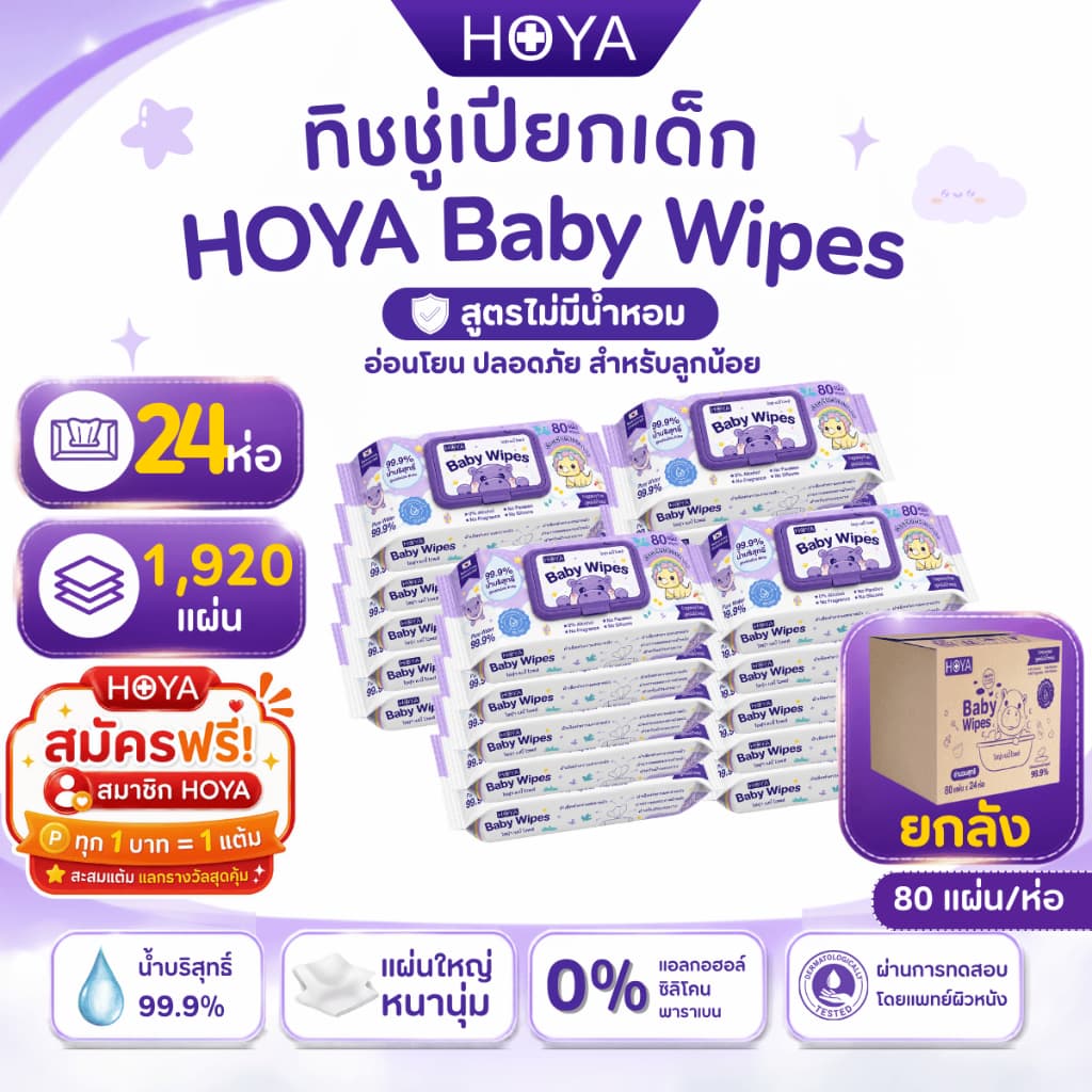 HOYA ทิชชู่เปียก baby Wipes 80แผ่น X 24ห่อ สูตรอ่อนโยน สําหรับผิวบอบบาง ผ้านุ่มชุ่มชื้นไม่บาดผิว