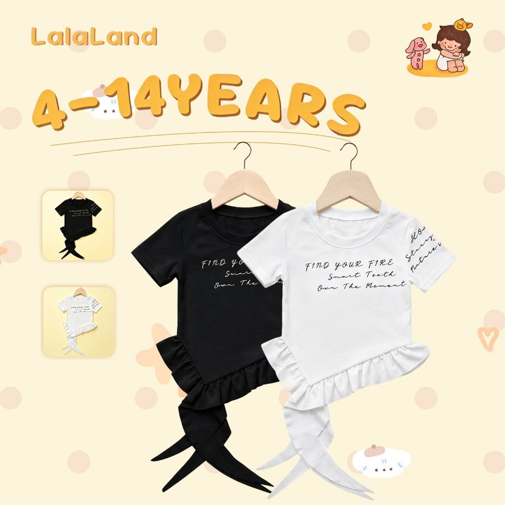 Lalaland 4-14 ปี เสื้อยืดเด็กผู้หญิง สไตล์เกาหลี แขนสั้น ขอบริ้วไม่สม่ําเสมอ านุ่มใสสบายฯ ผ้าฝ้ายแท้…