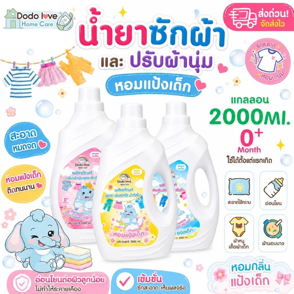ส่งด่วน DODOLOVE Home Care น้ํายาซักผ้า ปรับผ้านุ่ม เด็ก แกลลอน 1-2,000มล. กลิ่นแป้งเด็ก สูตรอ่อนโยน…