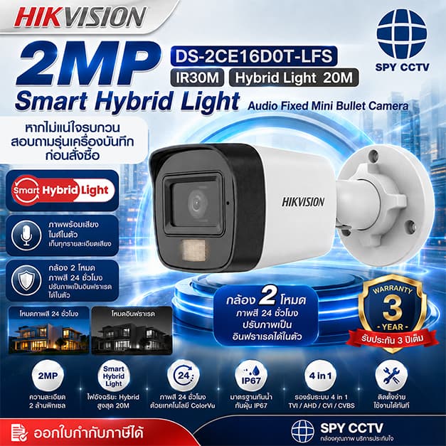 ส่งด่วนทันที กล้องวงจรปิด HIKVISION ชนิด ANALOG รุ่น DS-2CE16D0T-LFS 2MP Smart Hybrid Light มีไมค์…