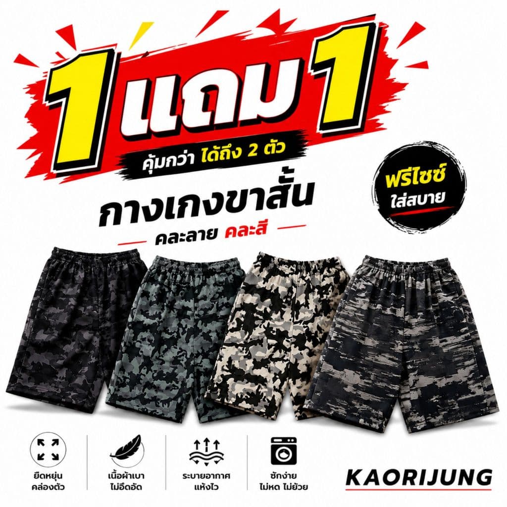 1เเถม1 กางเกงขาสั้น กางเกงผ้าร่มคุณภาพ พร้อมส่งคละลาย ฟรีไซซ์ รหัส396
