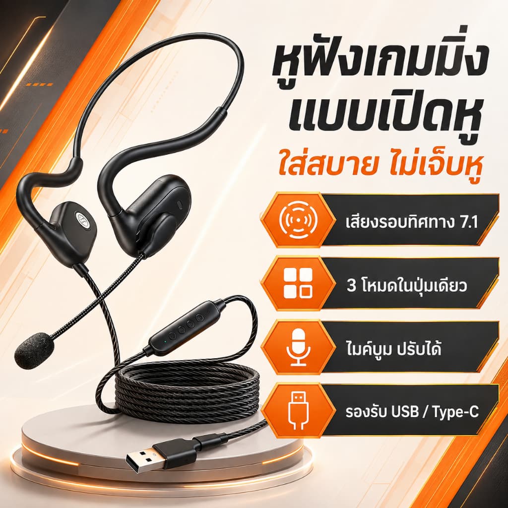 หูฟังคล้องหูพร้อมซาวด์การ์ดและไมโครโฟน USB/Type-C รองรับ PC มือถือ แท็บเล็ต สําหรับเล่นเกมและประชุมออนไลน์ COD