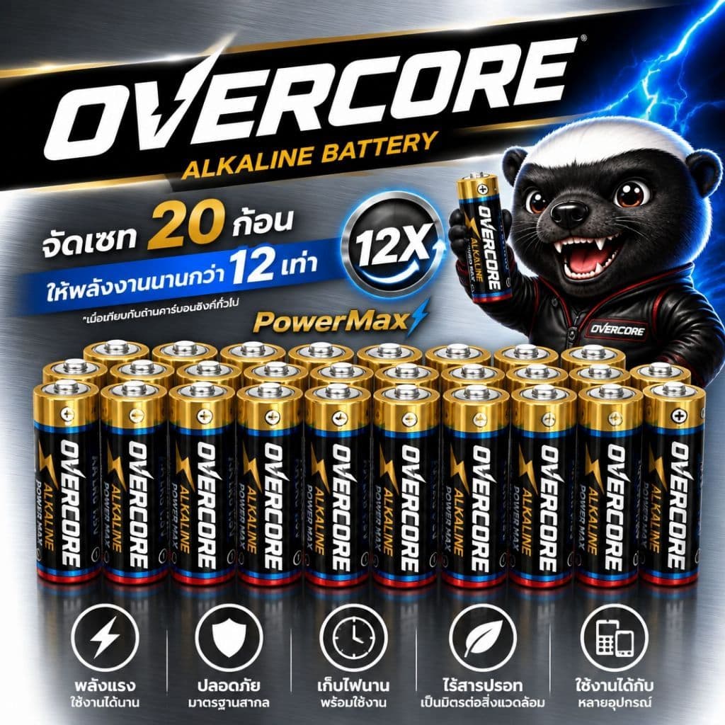 OVERCORE ถ่านอัลคาไลน์ Alkaline Battery รุ่นใหม่ ไฟแรงเต็มก้อน ใช้นานกว่าถ่านปกติ 12เท่า