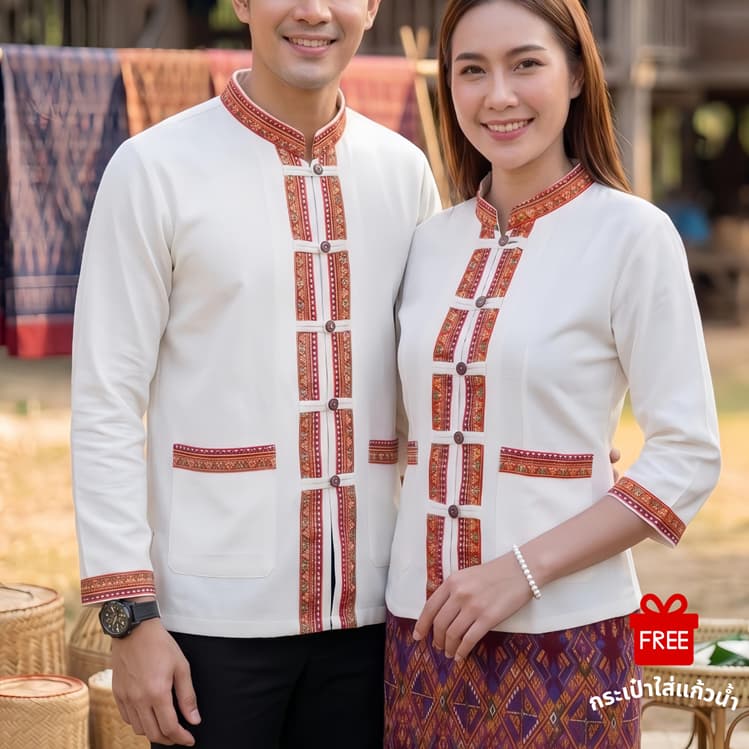 เสื้อพื้นเมืองคู่ แต่งเทปภูไทแขนยาว ผ้าฝ้ายเกรดA เนื้อนุ่มใส่สบาย แถมฟรีกระเป๋าใส่แก้วน้ํา!!