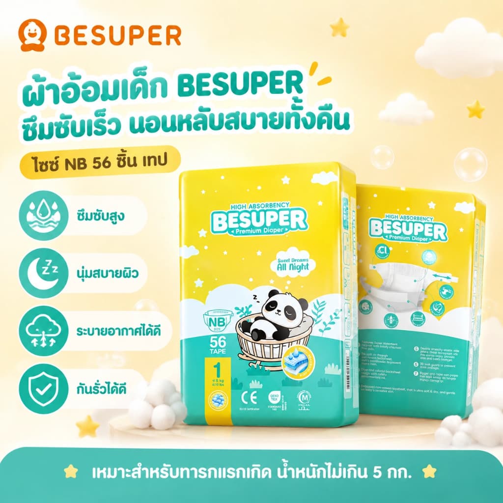 BESUPER ผ้าอ้อมเด็กสําเร็จรูปแบบเทป รุ่น Premium ซึมซับดีเยี่ยม นุ่มสบาย ระบายอากาศดี ป้องกันการรั่วซึม NB 56…