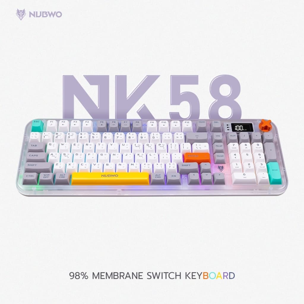 NUBWO NK58 Tri-Mode Gaming Keyboard คีย์บอร์ดเสียงเงียบ พร้อม ไฟ RGB และจอแสดงผลเปอร์เซนต์แบต Knob…