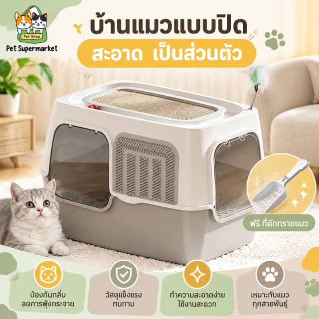 ห้องน้ําแมวตัวใหญ่ พื้นที่กว้าง60CM ดีไซน์ประตูคู่ มัลติฟังก์ชั่น catlitterbox ห้องน้ําแมว กระบะทรายแมว…