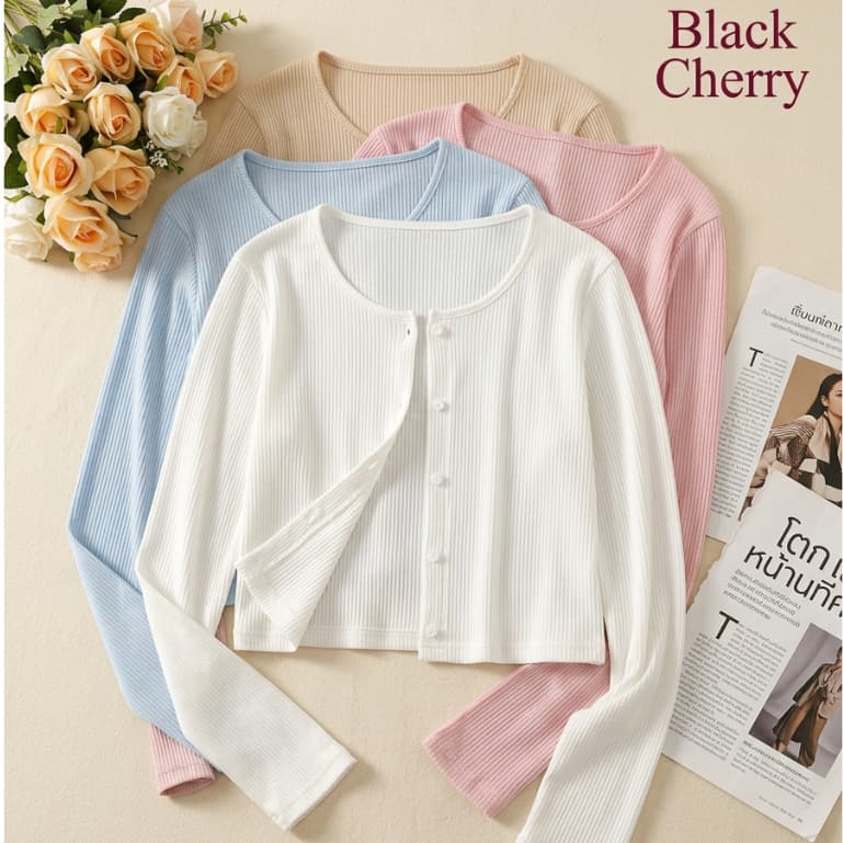 เสื้อคาร์ดิแกนผู้หญิง แจ็คเก็ตบาง เสื้อแขนยาว ใส่สบาย ลุคหวานเท่ สไตล์ | Black Cherry