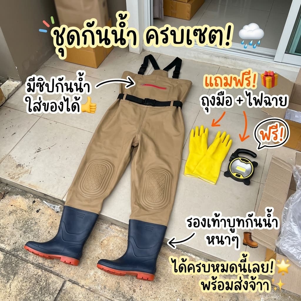 ชุดสูทกันน้ํา PVC หนา 3 ชั้น ชุดเอี๊ยมลุยน้ําพร้อมรองเท้าบูท ชุดลุยน้ําท่วม กางเกงลุยน้ํามีรองเท้าในตัว รูปที่ 1