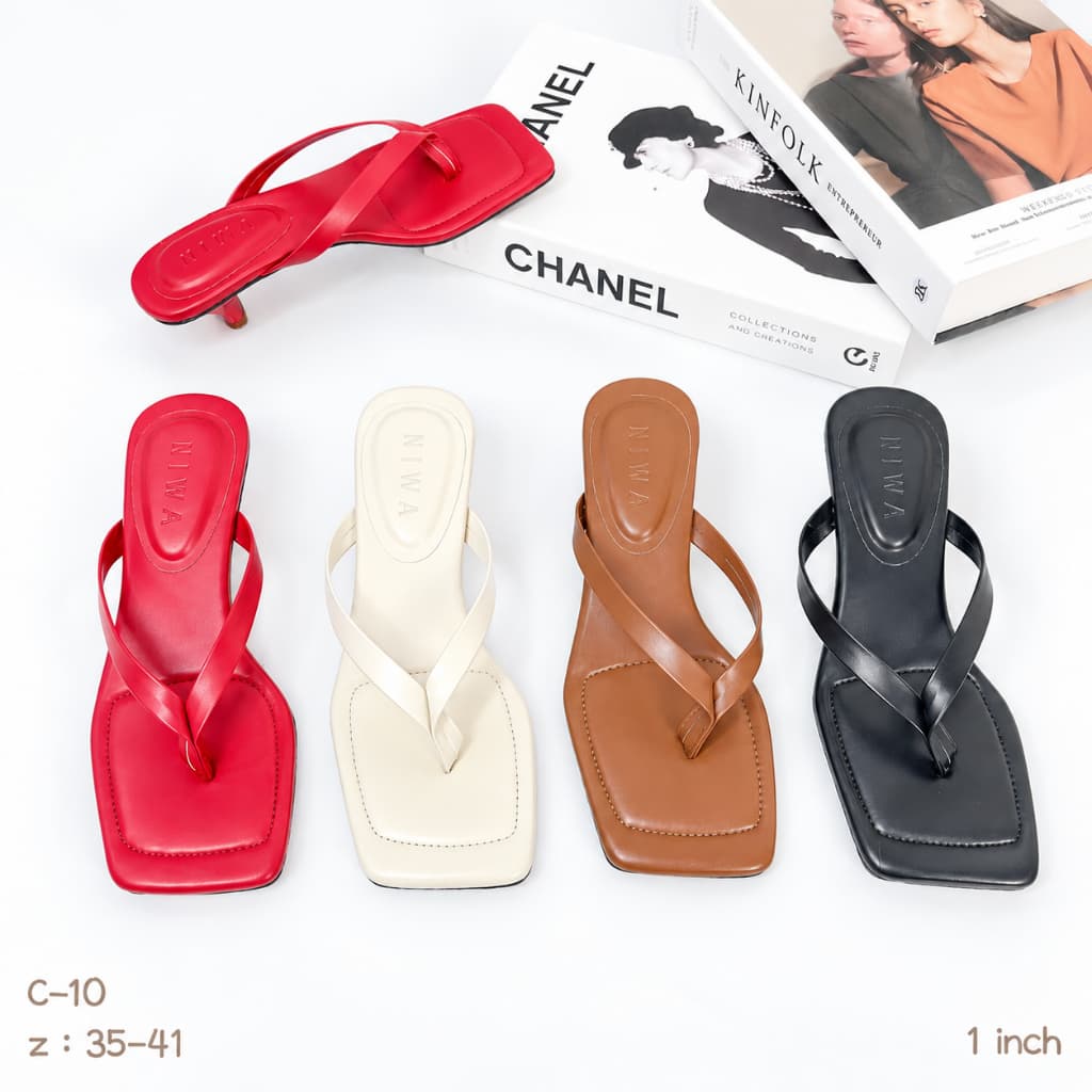 NIWA SHOES รุ่น C-10 รองเท้าแตะส้นต่ําแบบสวม ส้นสูง 1 นิ้ว ทรงหัวตัด หูหนีบนุ่มไม่กัดเท้า สีแดงขับผิว/มินิมอล…