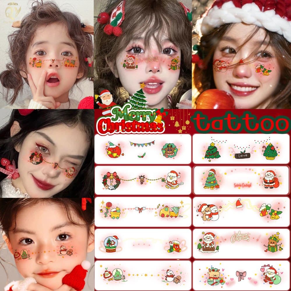 สติ๊กเกอร์แต่งหน้าคริสต์มาส แต่งหน้า สติ๊กเกอร์รอยสักเทศกาล กันน้ํา ใช้ได้ทั้งเด็กและผู้ใหญ่ Christmas tattoo