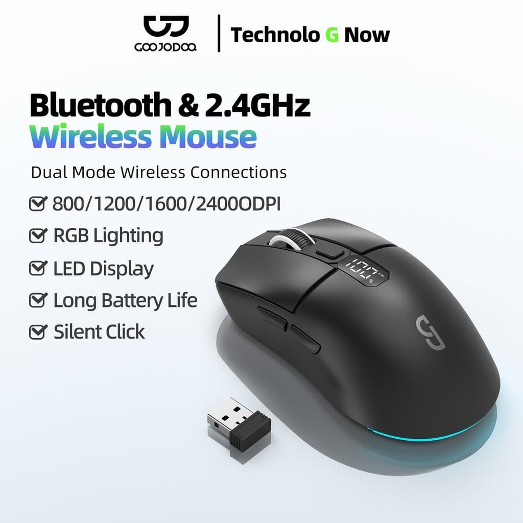 GOOJODOQ เมาส์ไร้สาย 4 ระดับ Dpi ปรับได้ เมาส์เกมมิ่ง 6ปุ่มควบคุม เมาส์บลูทูธ Rgb Light Mouse