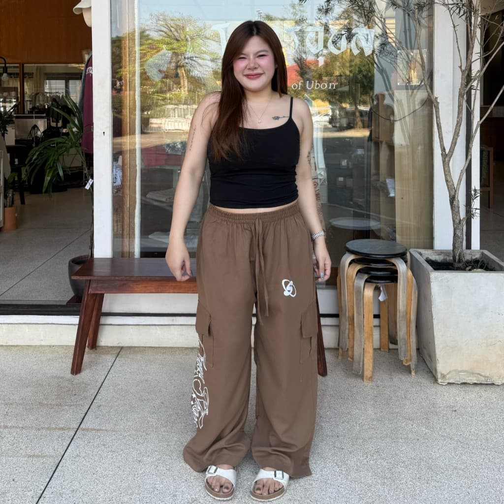 MesubShop กางเกงคาร์โก้ สาวอวบ เอวยางยืด ทรงหลวม สกรีนสไตล์ Y2K พร้อมส่ง มีไซส์ M-XL เอวยางยืด รุ่น MIMI Cargo รูปที่ 1