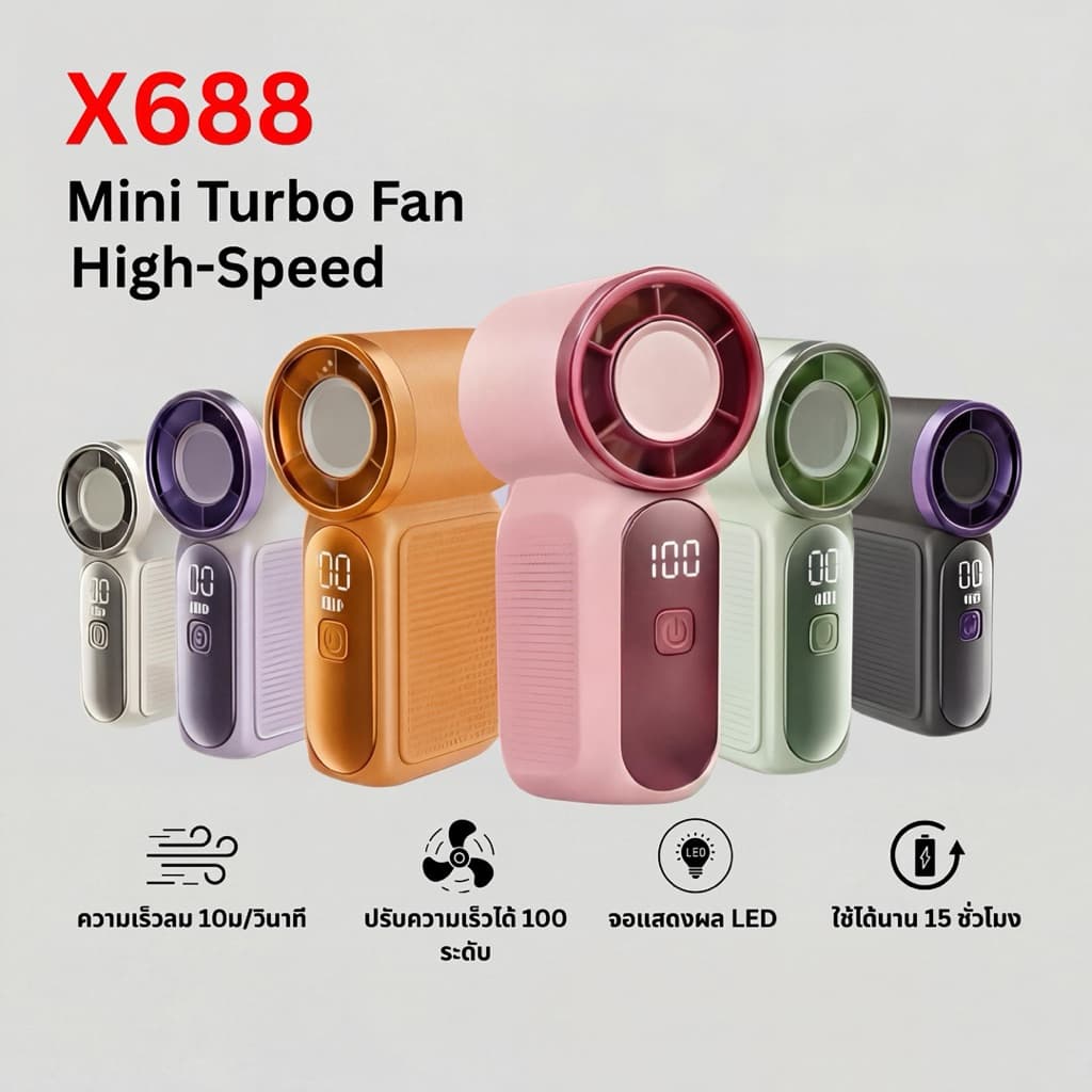 พัดลมพกพามินิ รุ่น X688 ไซส์เล็กลมแรง 100 ระดับ แบตอึด 3000mAh พอร์ตชาร์จ Type-C คล้องมือ พก พาง่าย