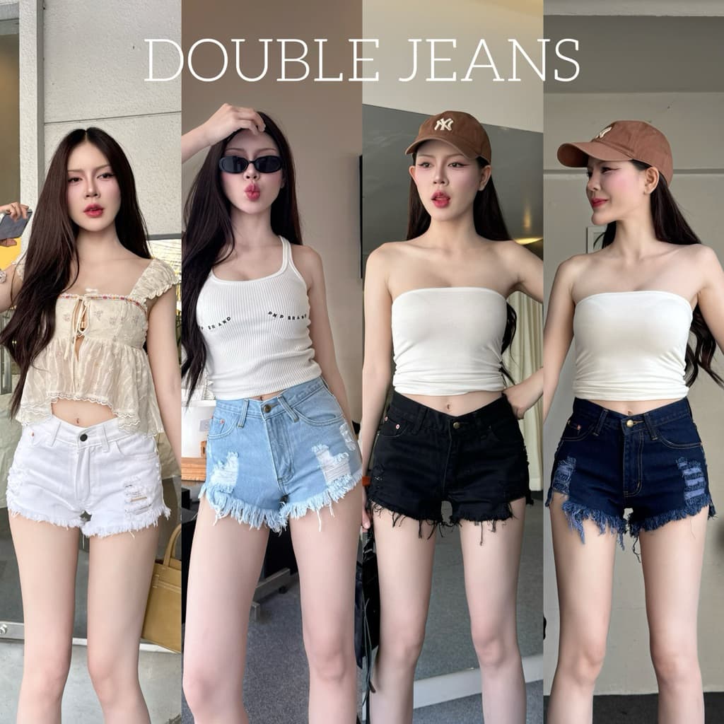 Double - DBGBJ01 กางเกงยีนส์ขาสั้นเอวต่ํา แต่งขาดชายรุ่ย S- 5XL