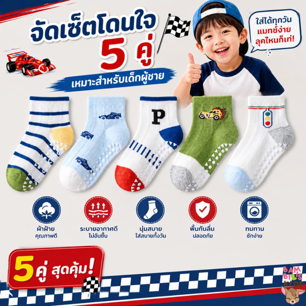Bambilis : พร้อมส่ง ถุงเท้าเด็ก ถุงเท้าเด็กกันลื่นข้อสั้น 1 แพคมี 5 คู่ ลายรถแข่ง