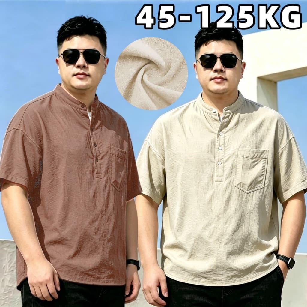45-125KG เสื้อผู้ชายไซส์ใหญ่ ผ้าลินิน เชิ้ตแขนสั้น เสื้อลินิน ทรงหลวม สีพื้น คนอ้วนก็ใส่ได้…