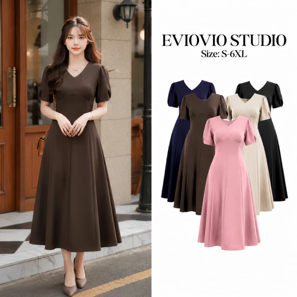 EVIOVIO【S-6XL】เดรสยาวคอวี แขนพอง สีพื้นเรียบหรู เดรสออกงาน ซิบหลัง ชุดเดรสผู้หญิงพลัสไซส์ ชุดไปงานแต่ง…