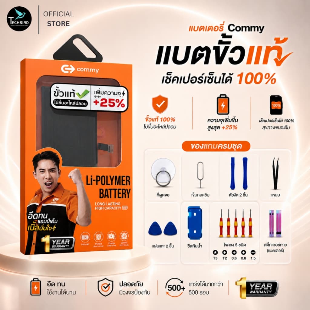 Commy แบตเตอรี่ iPhone เพิ่มความจุ ขั้วแท้ เช็คแบต 100% ใช้สําหรับ IP 12 12Pro 13 13Pro 14 14Pro 15 มอก. แท้…
