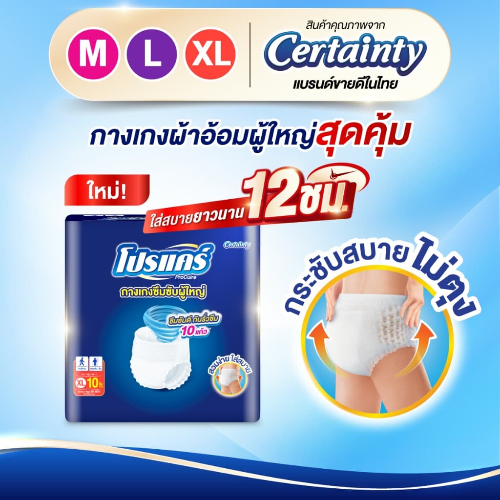 ใหม่!! โปรแคร์ Procuire ผ้าอ้อมผู้ใหญ่แบบกางเกง ไซส์ M,L,XL (1แพ็ก 10ชิ้น )x4แพ็ก Procare