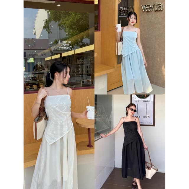 M409- เดรสยาวสายเดี่ยวดีไซน์ด้านหน้า2 ชั้น มีซับใน สาบปรับได้ เดรสทะเล