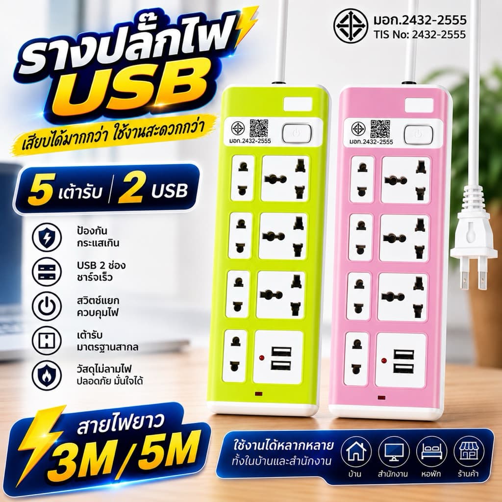 ปลั๊กไฟ 7 กําลังไฟ 2300W ปลั๊กพ่วง ปลั๊กไฟ ปลั๊กสามตา usb ปลั๊กชาร์จ สายยาว 3 เมตร 5เมตร 8เมตร