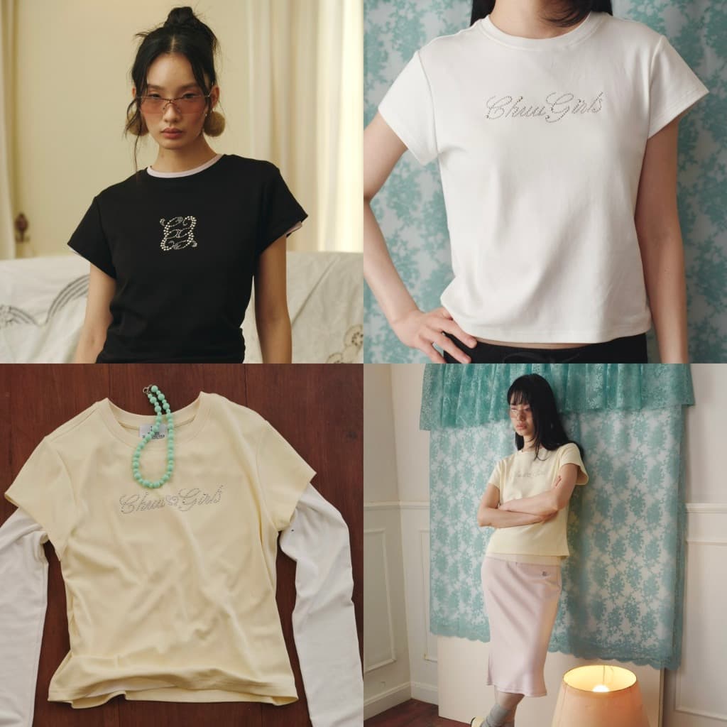 CHUUCHOP | S-6XL | Blubby Tee เสื้อยืดคอกลมผู้หญิง แขนสั้น ปักเพชร ผ้านุ่มใส่สบาย เสื้อยืดเบสิก (C8621)