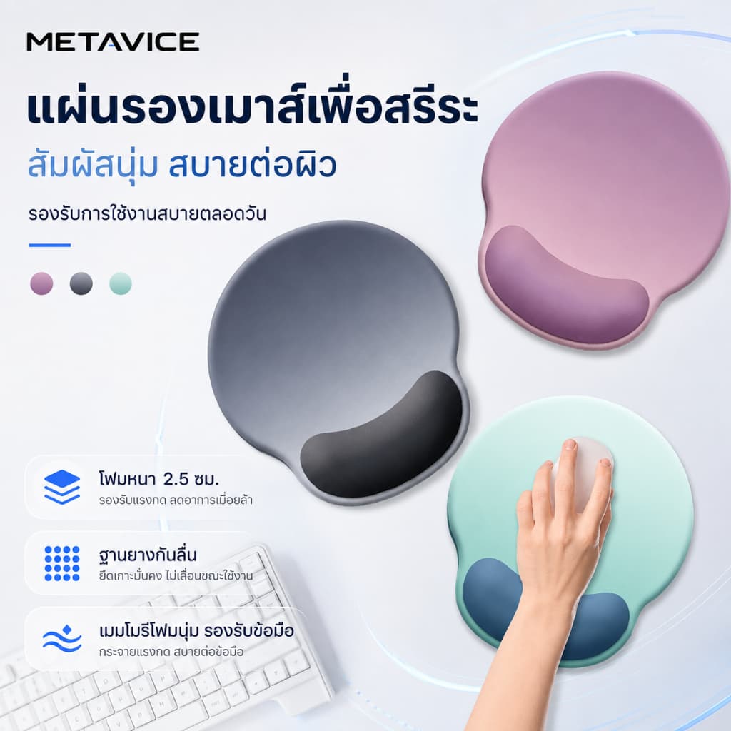 Metavice แผ่นรองเมาส์ Ergonomic ซิลิโคน นุ่มพิเศษ พร้อมที่รองข้อมือ รองรับข้อมือ กันลื่น…