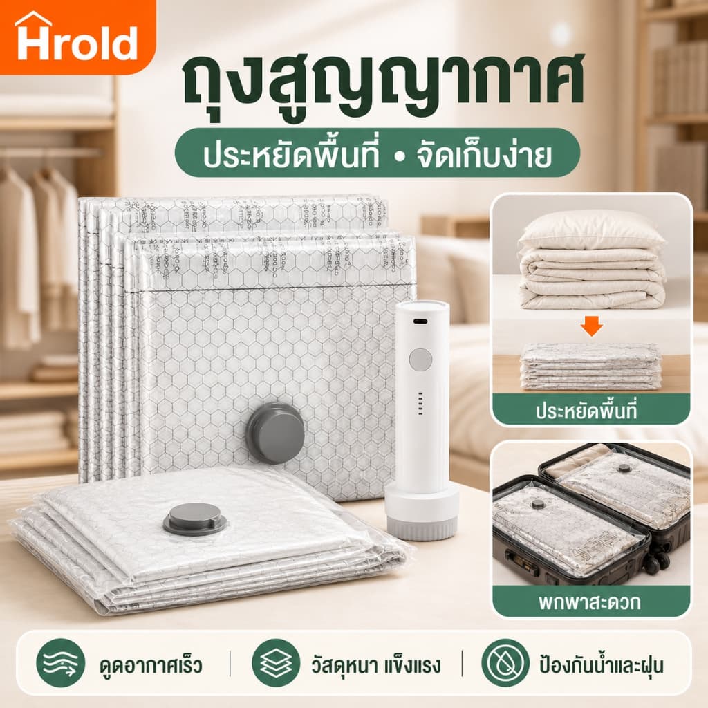 Hrold ถุงสูญญากาศ ถุงเก็บเสื้อผ้า พร้อมปั๊มไฟฟ้าชาร์จได้ ประหยัดพื้นที่ กันน้ํา กันฝุ่น สําหรับเดินทาง