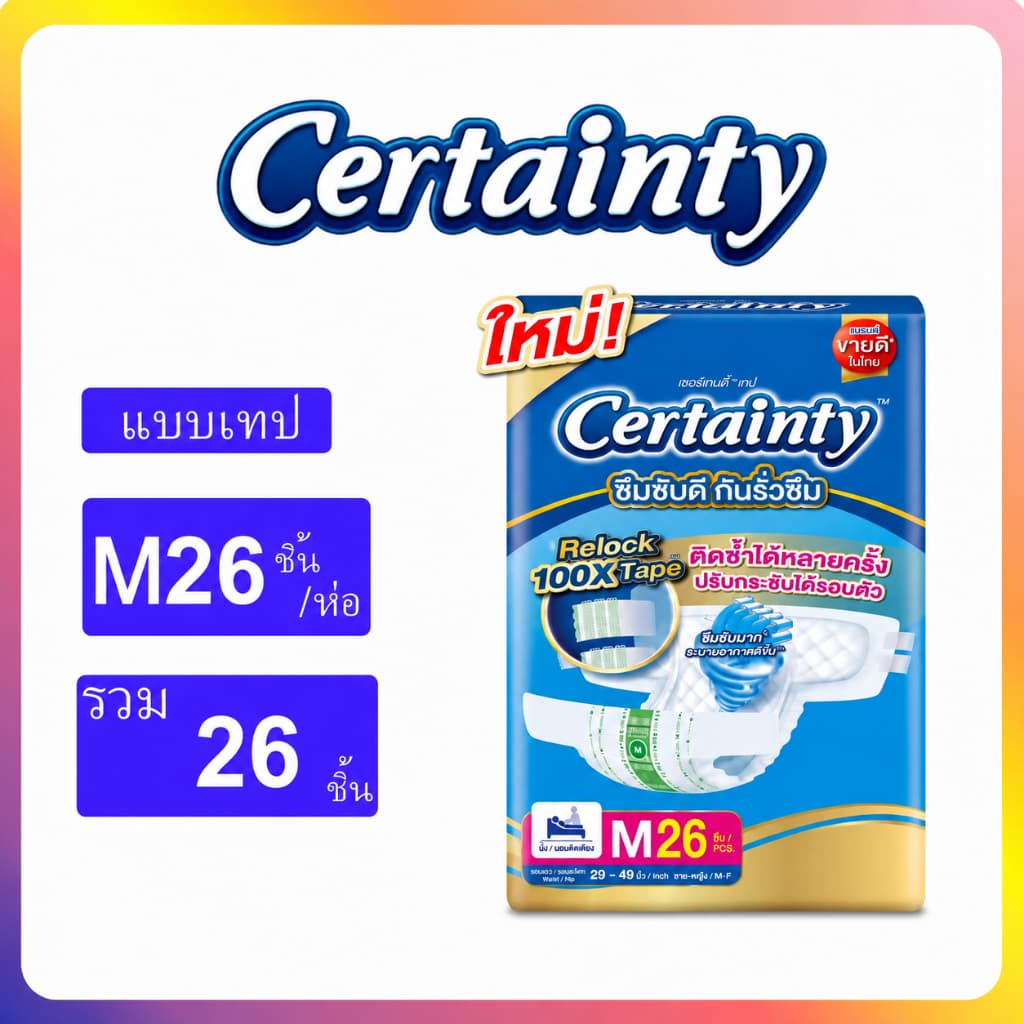 Certainty เซอร์เทนตี้ ผ้าอ้อมผู้ใหญ่แบบเทปไซส์ M/L แบบห่อเดี่ยว