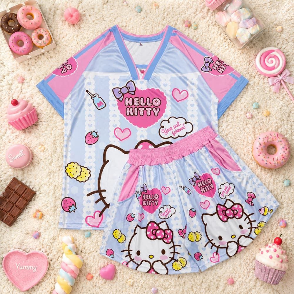 ( Nset148 ) ชุดเซท2 เสื้อ+กางเกง คอวี คิตตี้ LOVE 5สี ผ้ากีฬา 2ไซส์