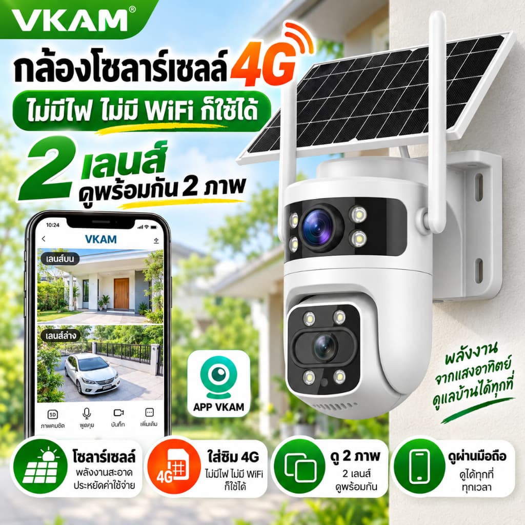 กล้องวงจรปิดโซล่าเซลล์ 4G ใส่ซิม กล้องใส่ซิม AOV ดูได้ 2 ภาพ ไม่ต้องใช้ WiFi ดูผ่านมือถือ แอป VKAM…